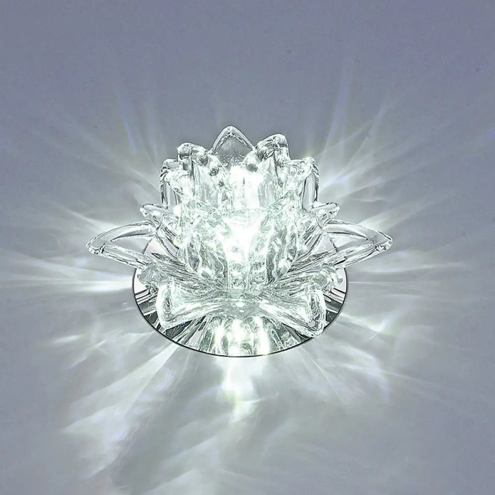 Modern Lotus Blossom Led Flush Mount Ceiling Light With Clear Crystal Accent - Ideal For Hallway
