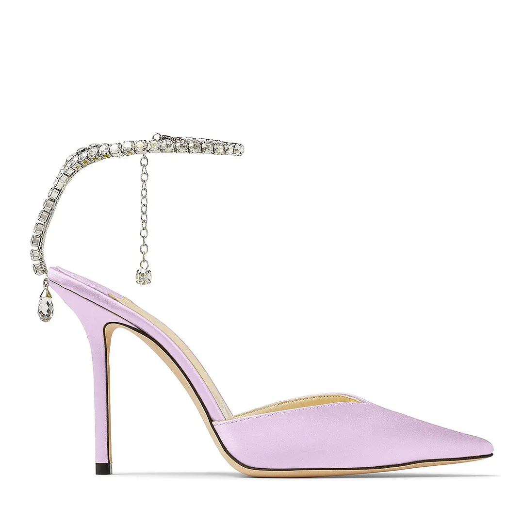 100mm Women's Sandals Crystal Chain Ankle Straps Rhinestones Buckle Heels Stiletto Satin Dress Shoes-vocosishoes