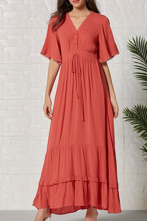 Solid V-neck Tassel Ruffled Maxi Dress - Shop Trendy Women's Clothing | LoverChic
