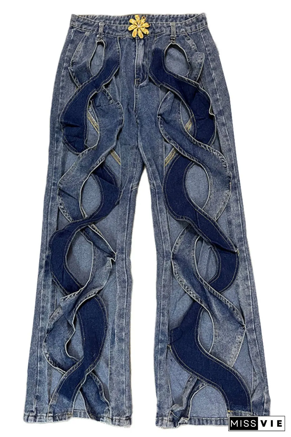 Street Solid Hollowed Out High Waist Straight Denim Jeans
