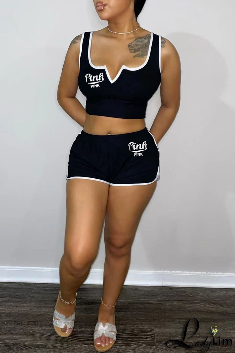 Tibetan Blue Fashion Casual Letter Print Basic V Neck Sleeveless Two Pieces