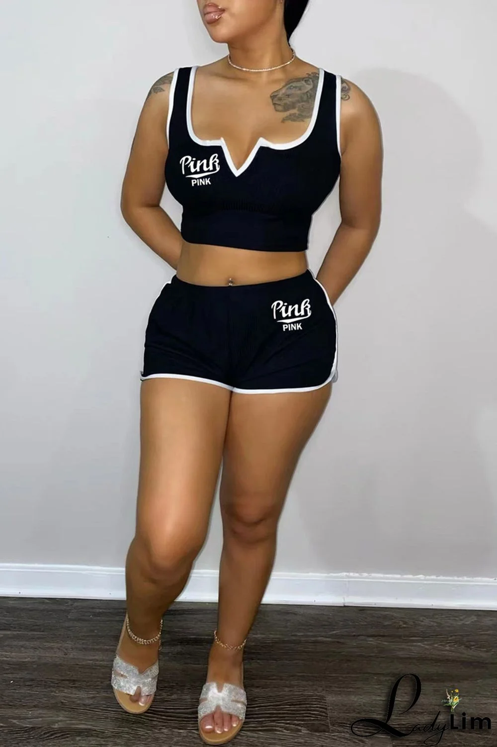 Tibetan Blue Fashion Casual Letter Print Basic V Neck Sleeveless Two Pieces