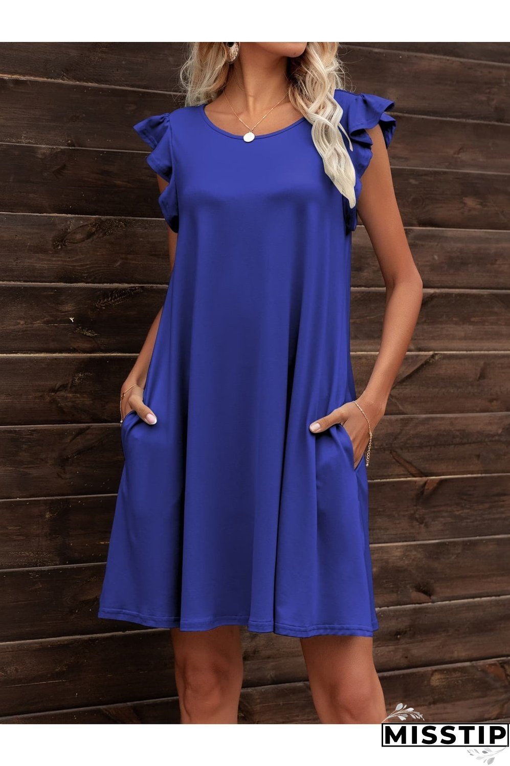 Round Neck Flutter Sleeve Dress with Pockets