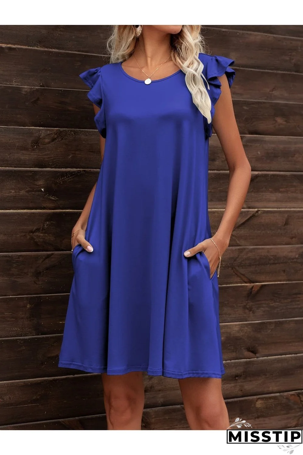 Round Neck Flutter Sleeve Dress with Pockets