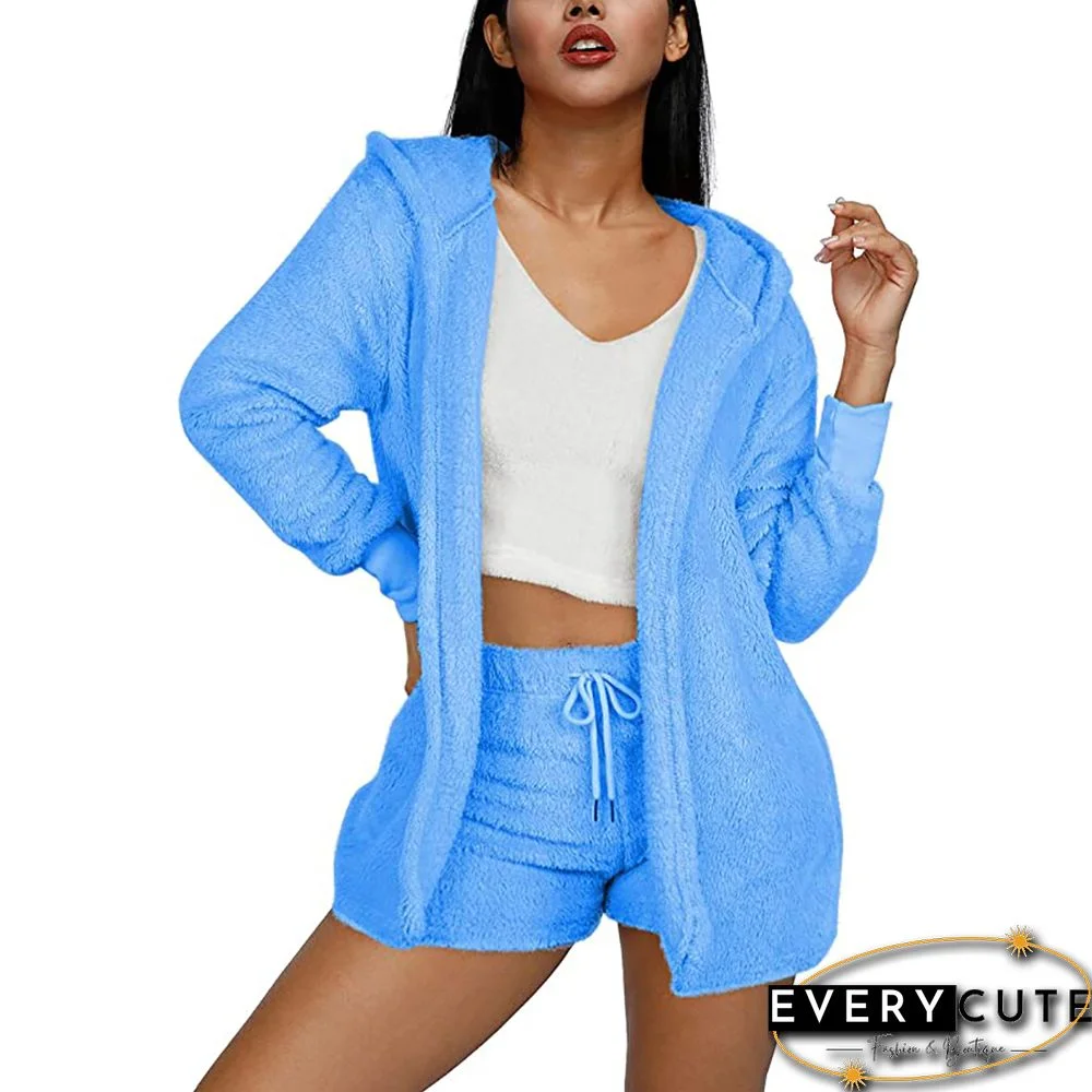 Light Blue Plush Hoodie with Shorts and White Vest 3pcs Set