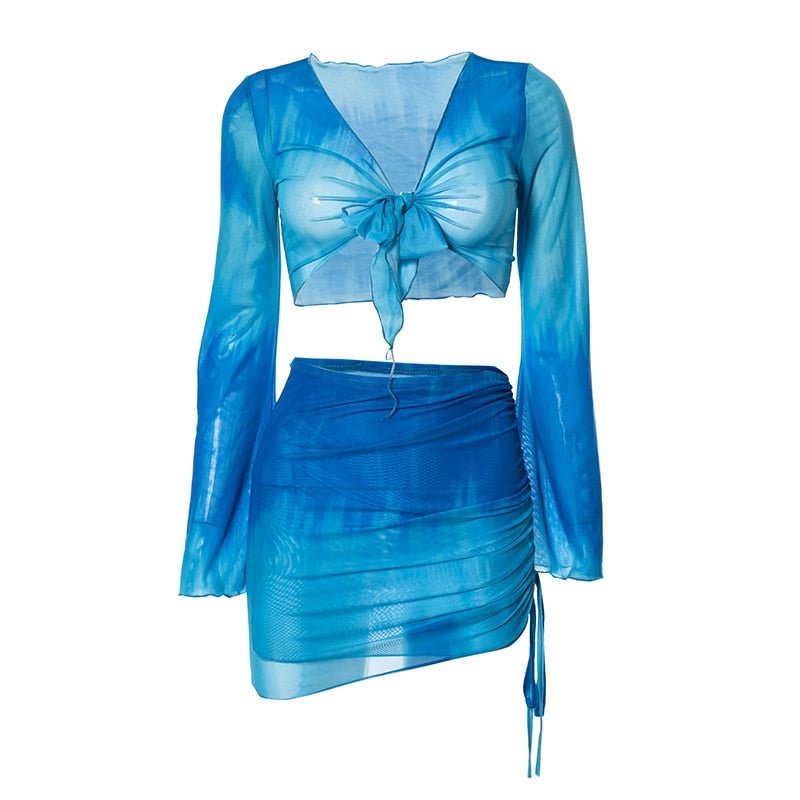 BOOFEENAA Sexy Two Piece Set Blue Tie Dye Mesh Crop Top Cardigan Mini Skirts Beach Wear Vacation Outfits Summer 2021 C85-CZ16