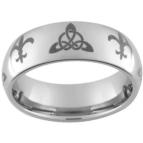 6MM 8MM Silver Women Or Men's Tungsten Carbide Wedding Rings Domed Multi Triquetra Celtic Knot Silver With Laser Etched Irish Trinity and Fleur De Lis Design