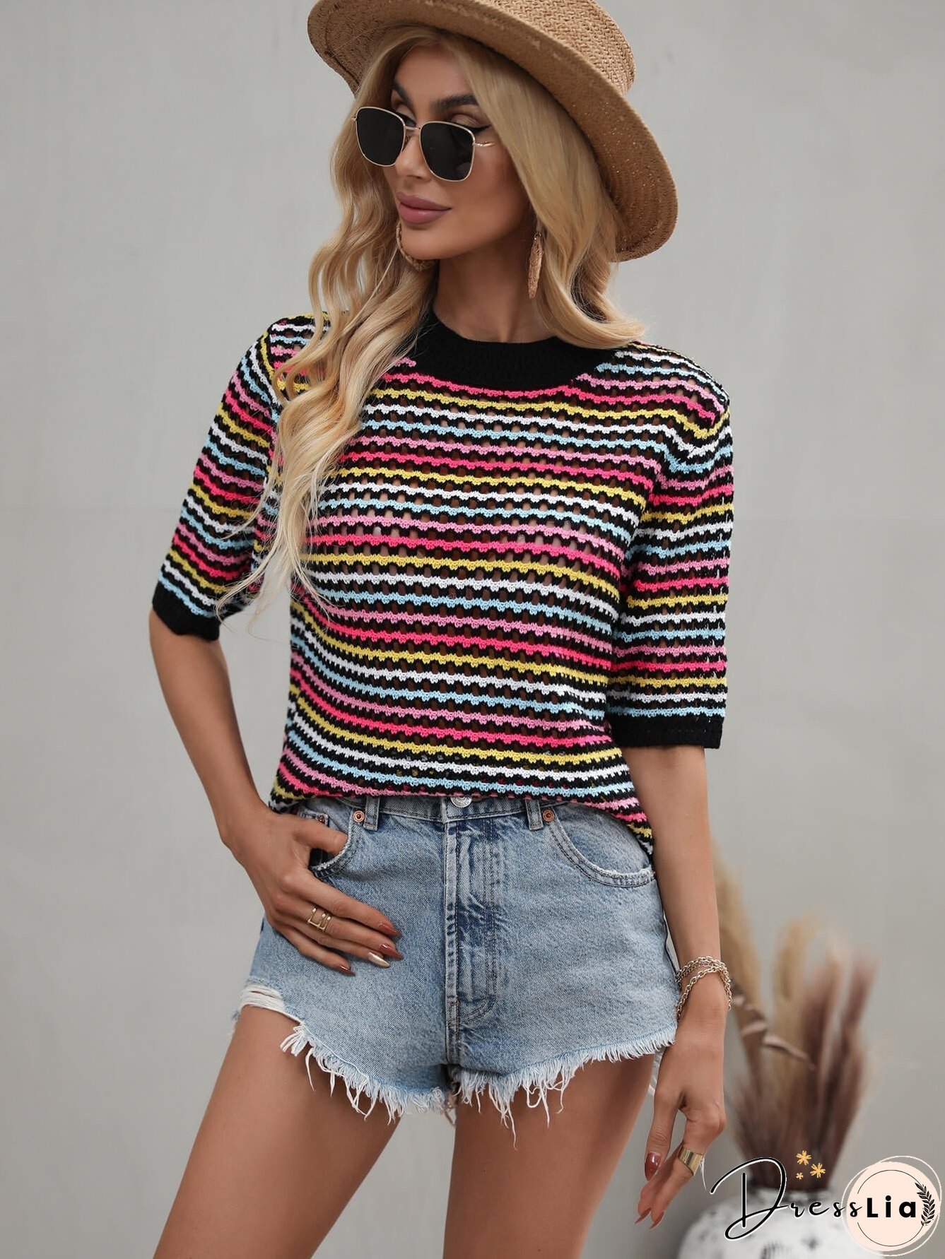 SAYLOR STRIPPED HALF SLEEVE KNIT TOP