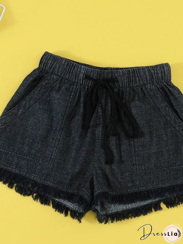 Women'S High Waist Denim Shorts With Elastic Waistband And Fringed Details