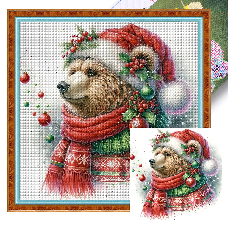 【Huacan Brand】Brown Bear In Winter 18CT Stamped Cross Stitch 30*30CM