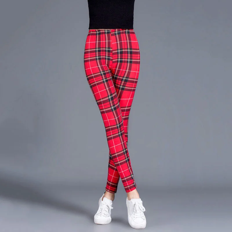 CUHAKCI Female Fitness Leggings Women Print Plaid Leggings Lady Sexy Slim Pencil Pants Push Up Elastic Waist Trousers