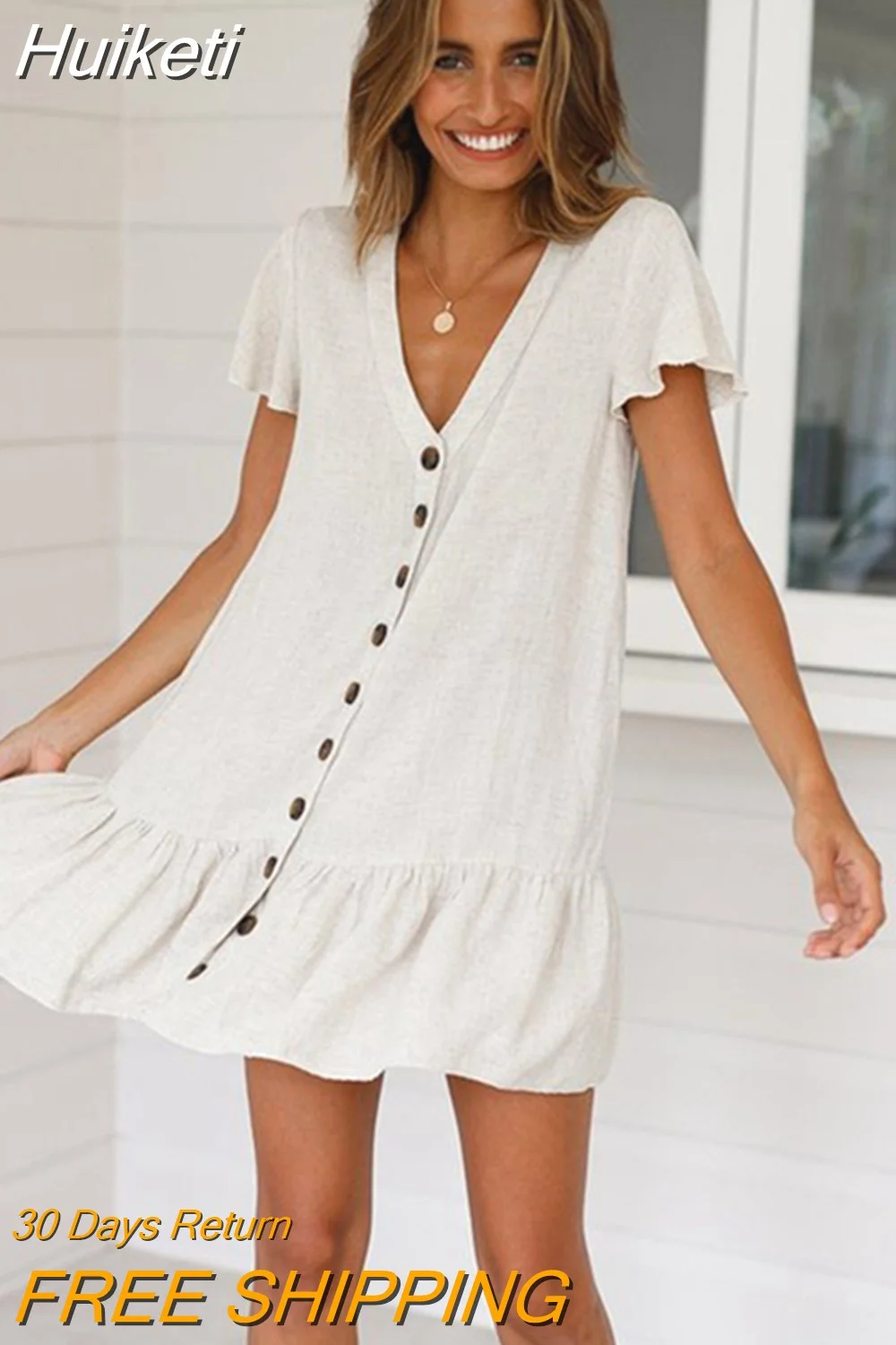 Huiketi Spring Ruffles Mini Dress Women Solid Color V Neck Elegant Full Sleeve Button Summer Dress