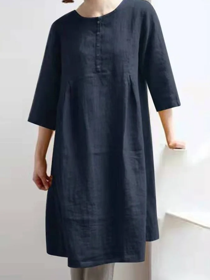 Women's Casual Retro Cotton Linen Solid Color Pleated Loose Shirt Dress Three-quarter Sleeve Dress