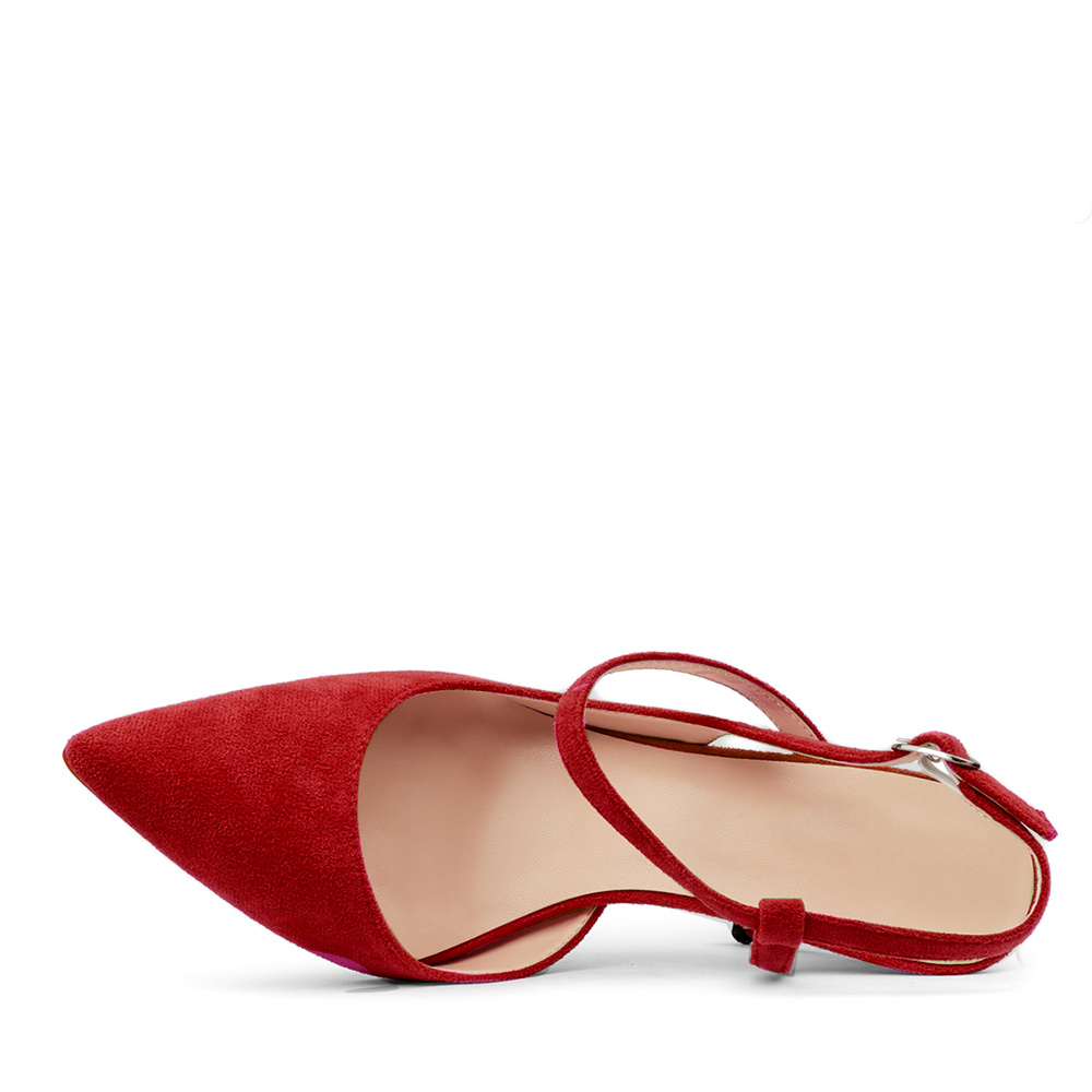 100mm Women Slingback Pumps Ankle Strap Jenlove Stiletto Mid Heel Close Pointed Toe Dress Red Bottoms Suede Shoes-MERUMOTE