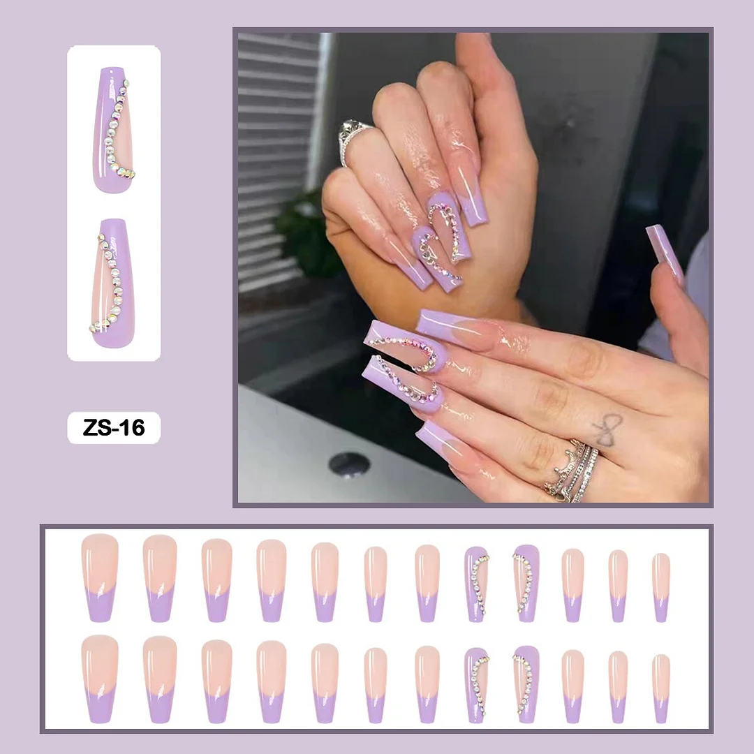24pcs/box  Long Trapezoid Fake Nails  WIth Jewels Decorated Wearabel False Nails With Glue And Wearing Tools