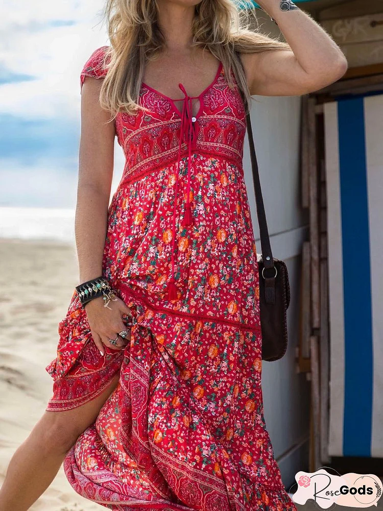 V Neck Boho Floral-Print Dress