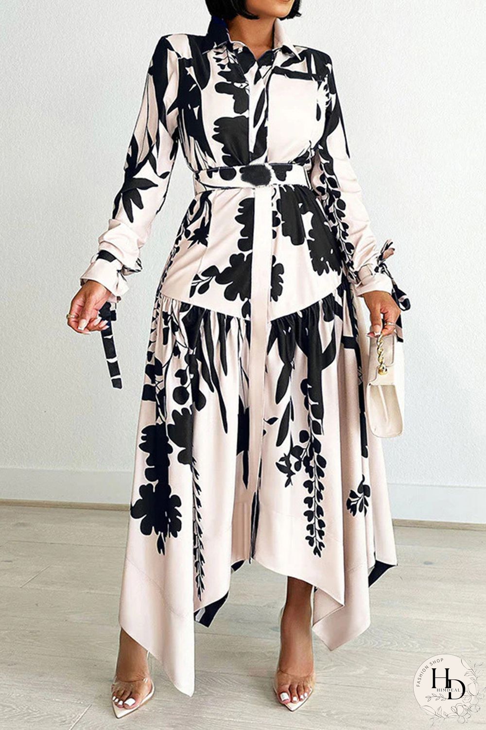 Elegant Print Patchwork With Belt Turndown Collar Irregular Dresses