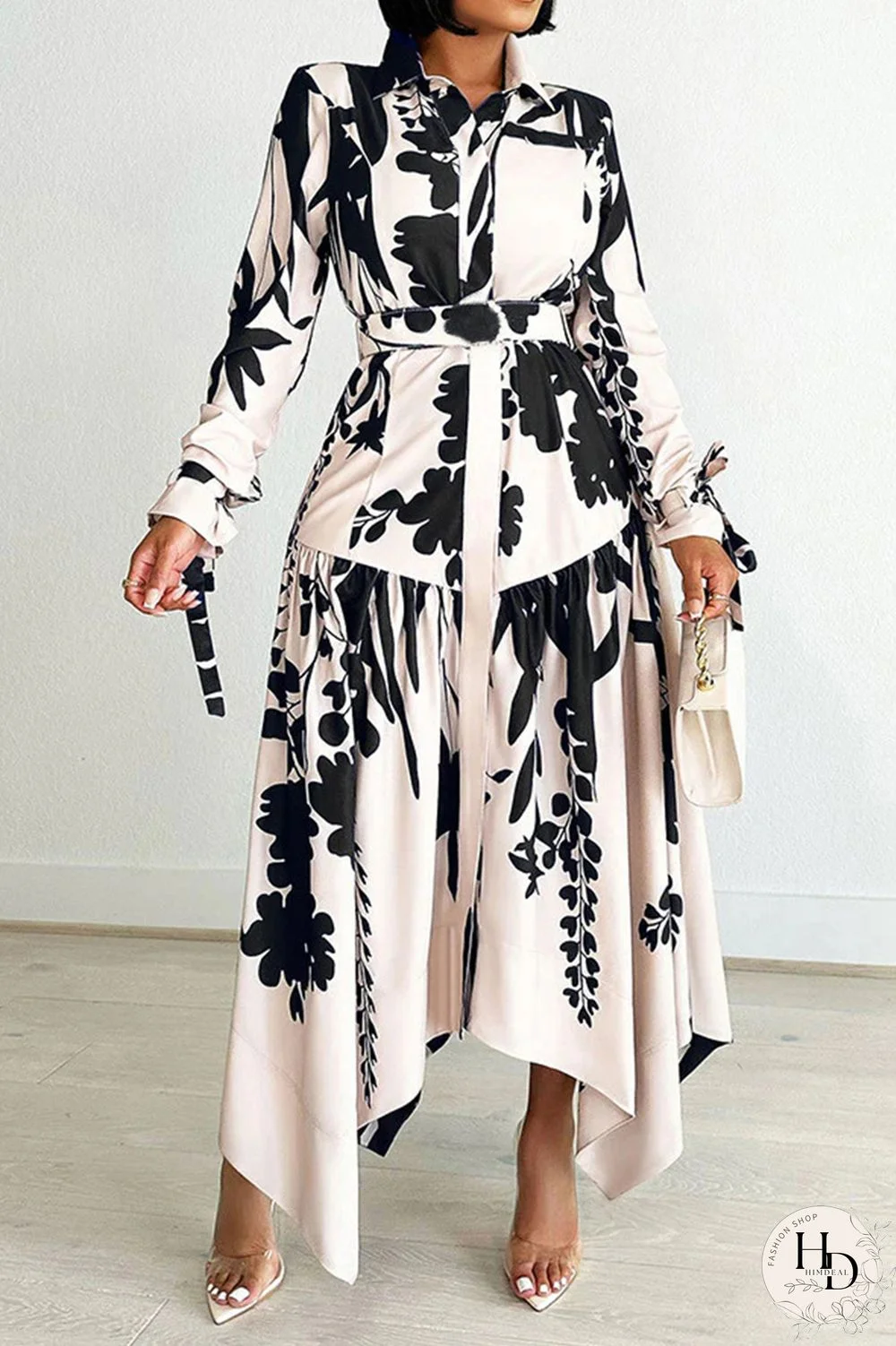 Elegant Print Patchwork With Belt Turndown Collar Irregular Dresses