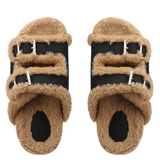 Women's Casual Colorblock Open Toe Flat Sole Plush Slippers