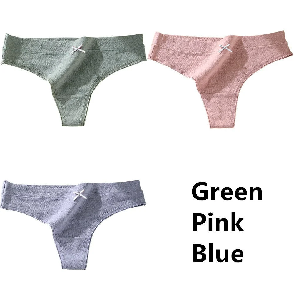 3Pcs Women's Cotton G-String Thong Sexy Panties for Women Bow Seamless Briefs Underwear Intimate Lingerie Ladies T-back Low-Rise