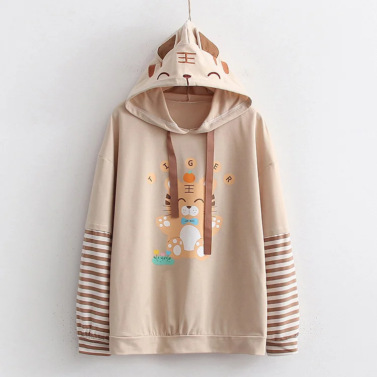 Cartoon Tiger Print Fake Two Peice Hoodie  - Modakawa modakawa