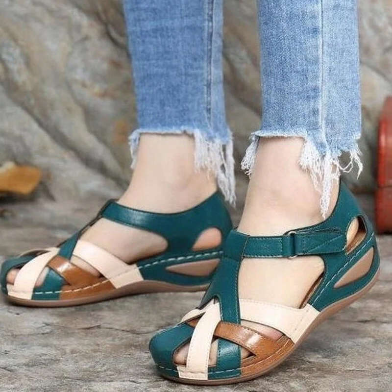 2020 New Summer Women's Sandals Fashion Velcro Wedge Casual Sandals Baotou Low Heel PU Roman Women's Shoes Zapatos De Mujer