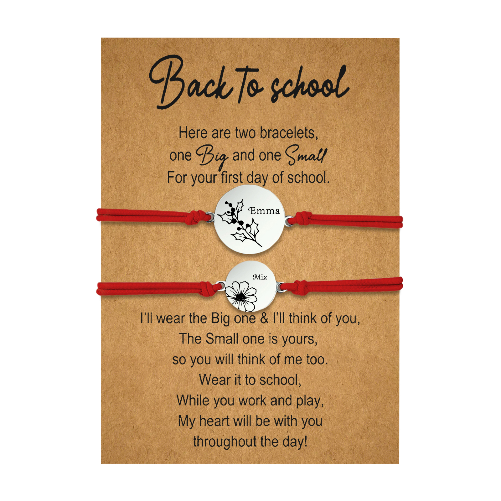 2 Pcs Bracelet Set Personalised Names & Birth Flowers Adjustable Bracelets with Message Card Back to School Gifts for Daughters-Jessemade AU