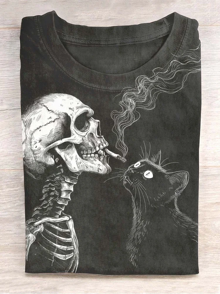 Teecade Teecade Unisex Skull Cat Print Casual T-shirt