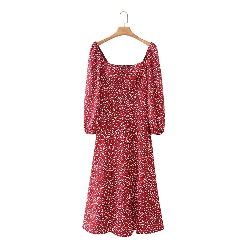 Tangada 2021 Fashion Women Red Floral Print Retro Dress Puff Long Sleeve Square Collar Ladies Vintage Dress 2M103