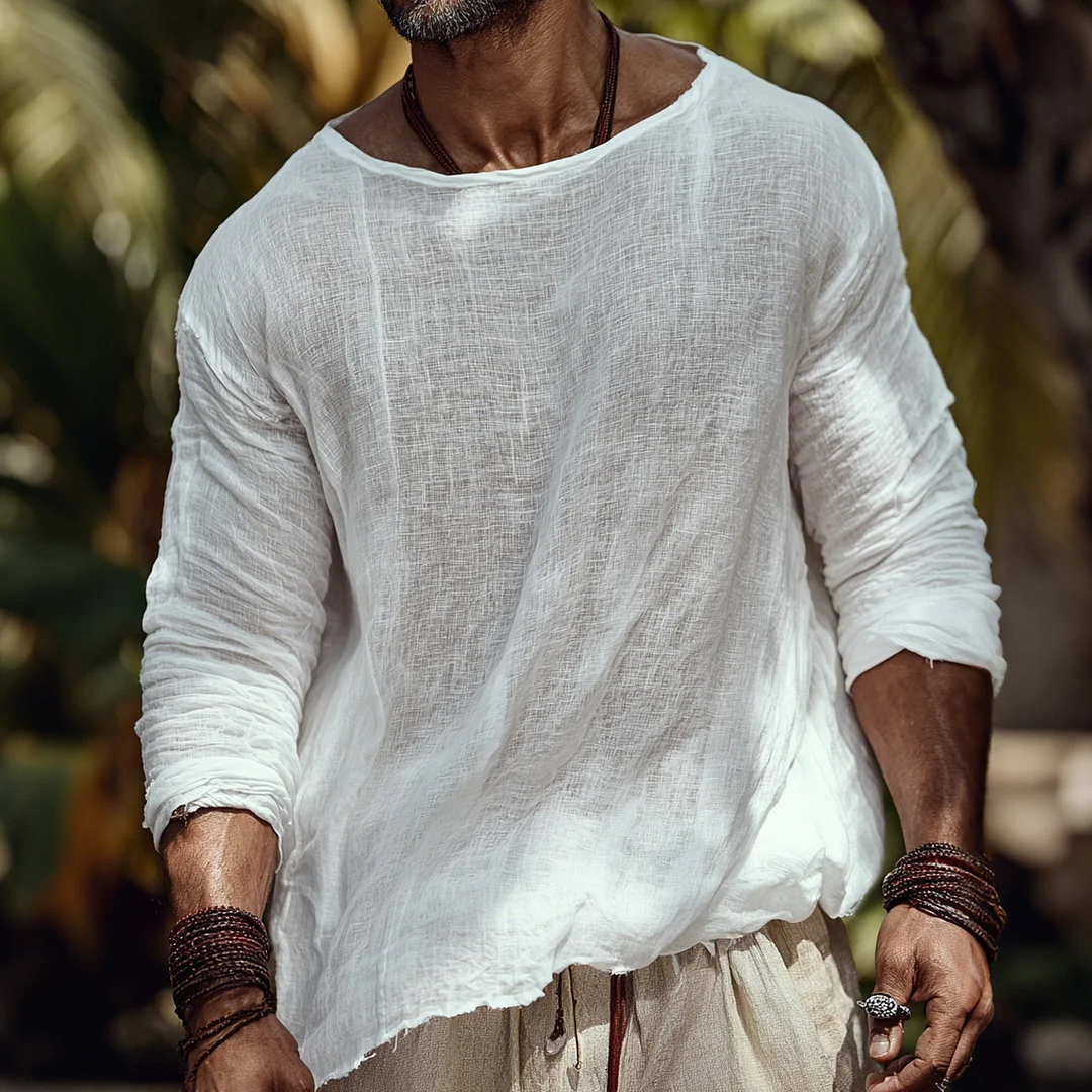 Men's Loose-fitting Linen Crew Neck Long-sleeved T-shirt, Comfortable And Breathable Cotton And Linen Top-inspireuse
