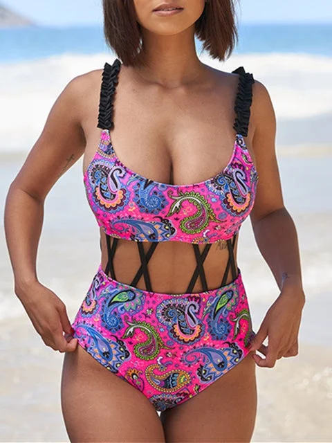 Women Printed Off-shoulder U-neck One Piece Swimwear