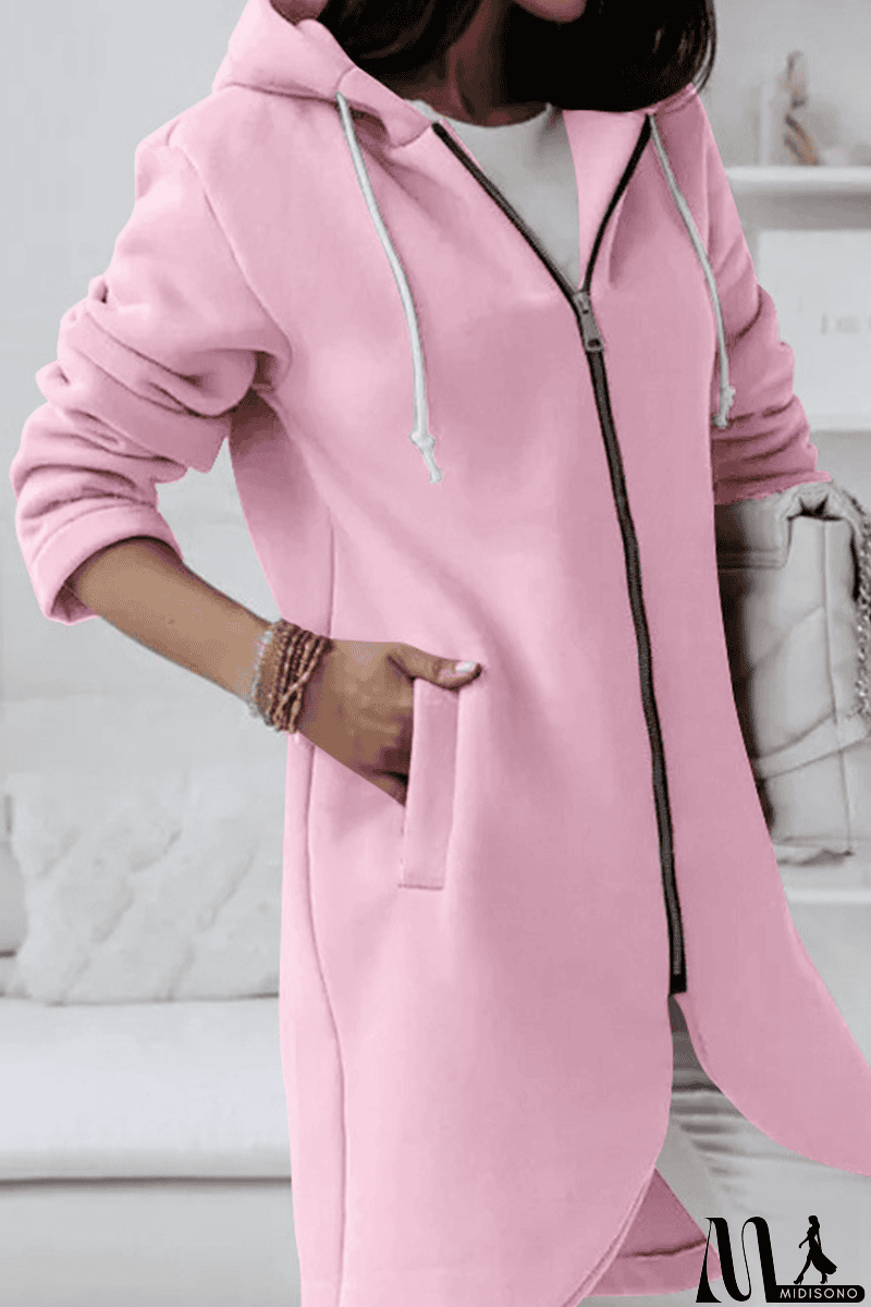 MidiSono - Casual Solid Draw String Zipper Hooded Collar Outerwear(8 Colors)