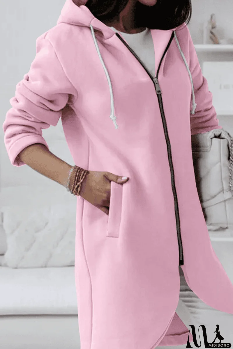 MidiSono - Casual Solid Draw String Zipper Hooded Collar Outerwear(8 Colors)