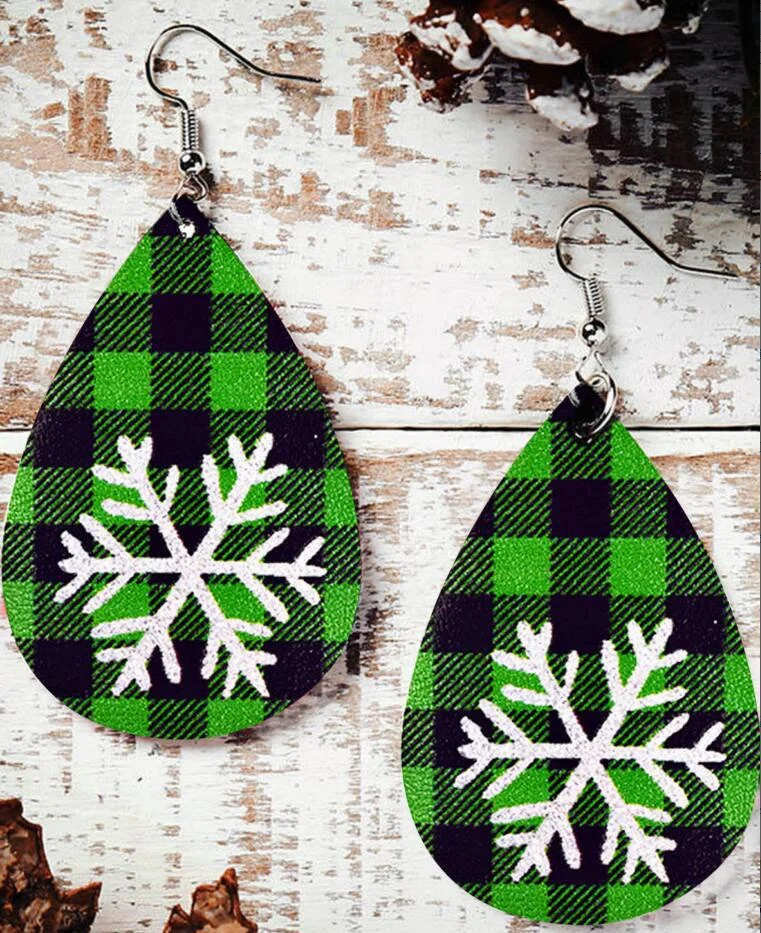 Plaid Christmas Snowflake Printed Leather Earrings