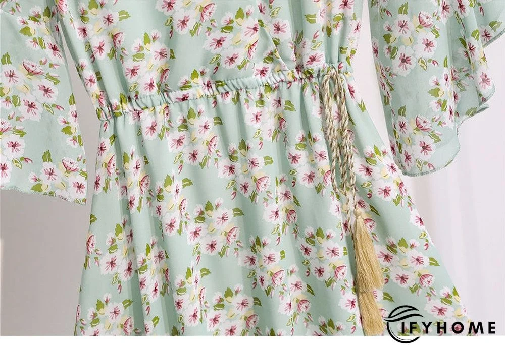 Spring Summer Chiffon Women V-Neck Floral Print Short Dresses Sweet Ruffle Sleeeve Slim Drawstring Ladies Dress | IFYHOME
