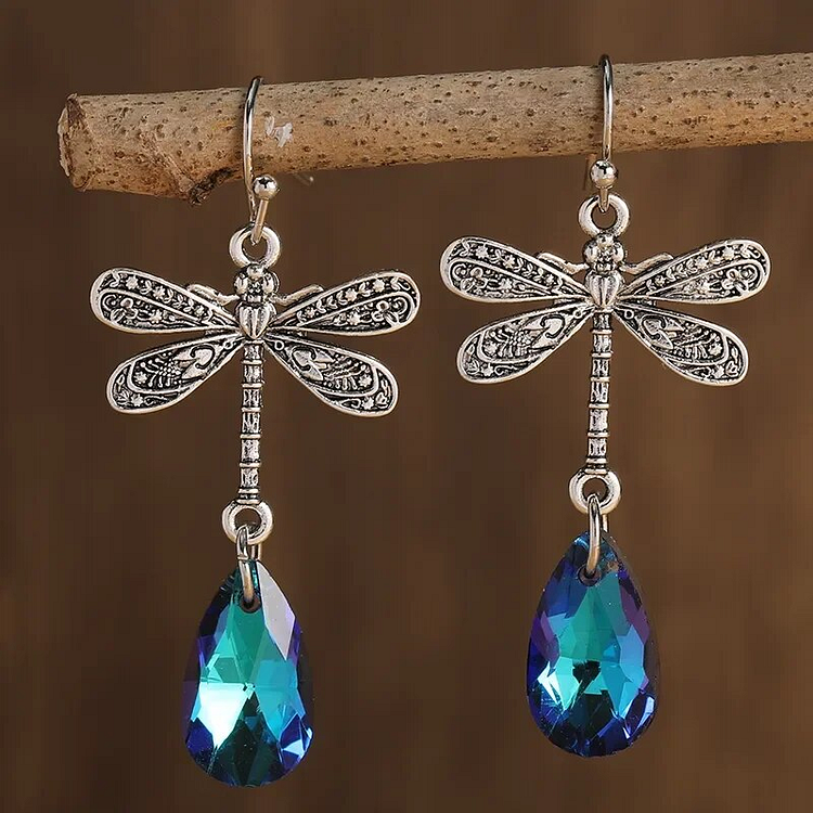 Vintage Blue Zirconia Drop Dragonfly Earrings