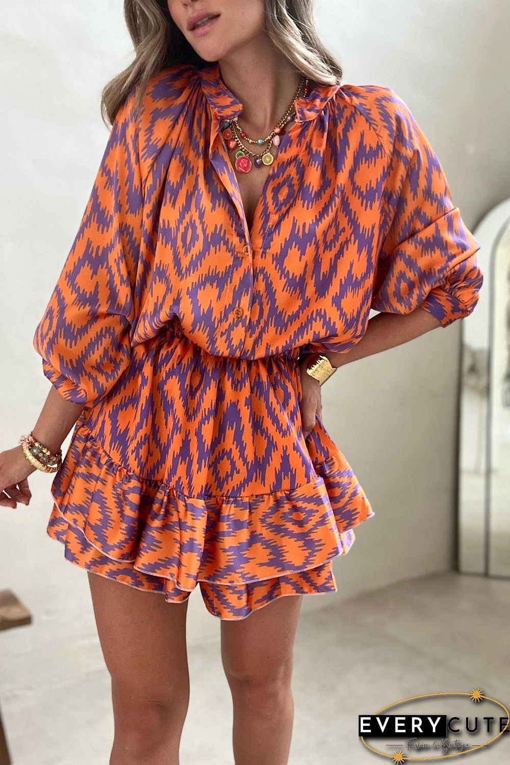 Orange Aztec Bubble Sleeve High Waist Romper