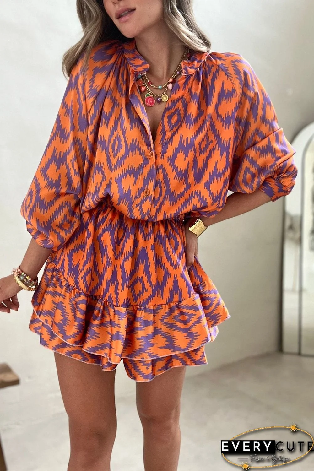 Orange Aztec Bubble Sleeve High Waist Romper