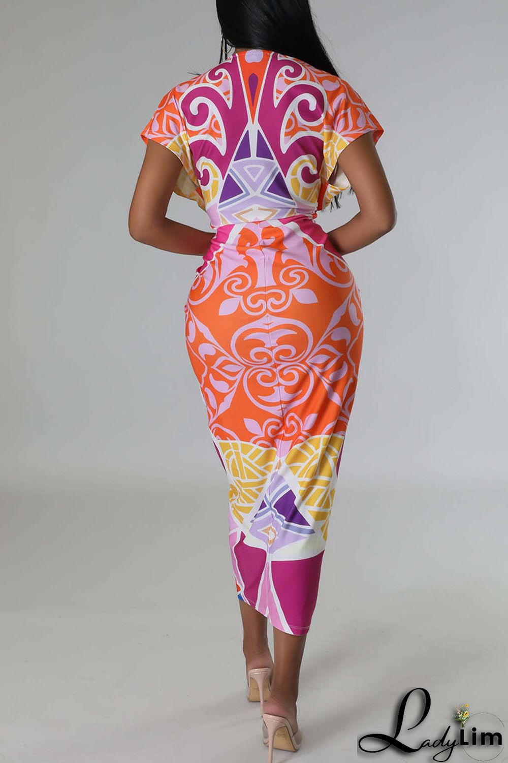 Royal Blue Sexy Print Patchwork Fold V Neck One Step Skirt Dresses