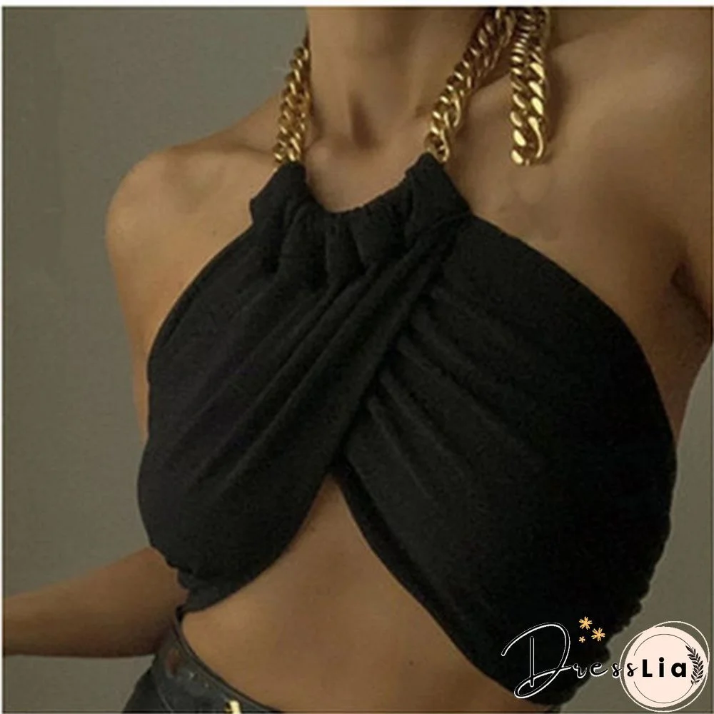 Summer Fashion Chain Crop Tops for Women Backless Cropped Black Wrap Top Streetwear