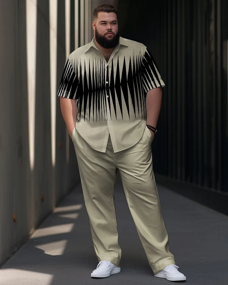 Men's Plus Size Colorblock Geometric Cuban Collar Short Sleeve Walking Suit