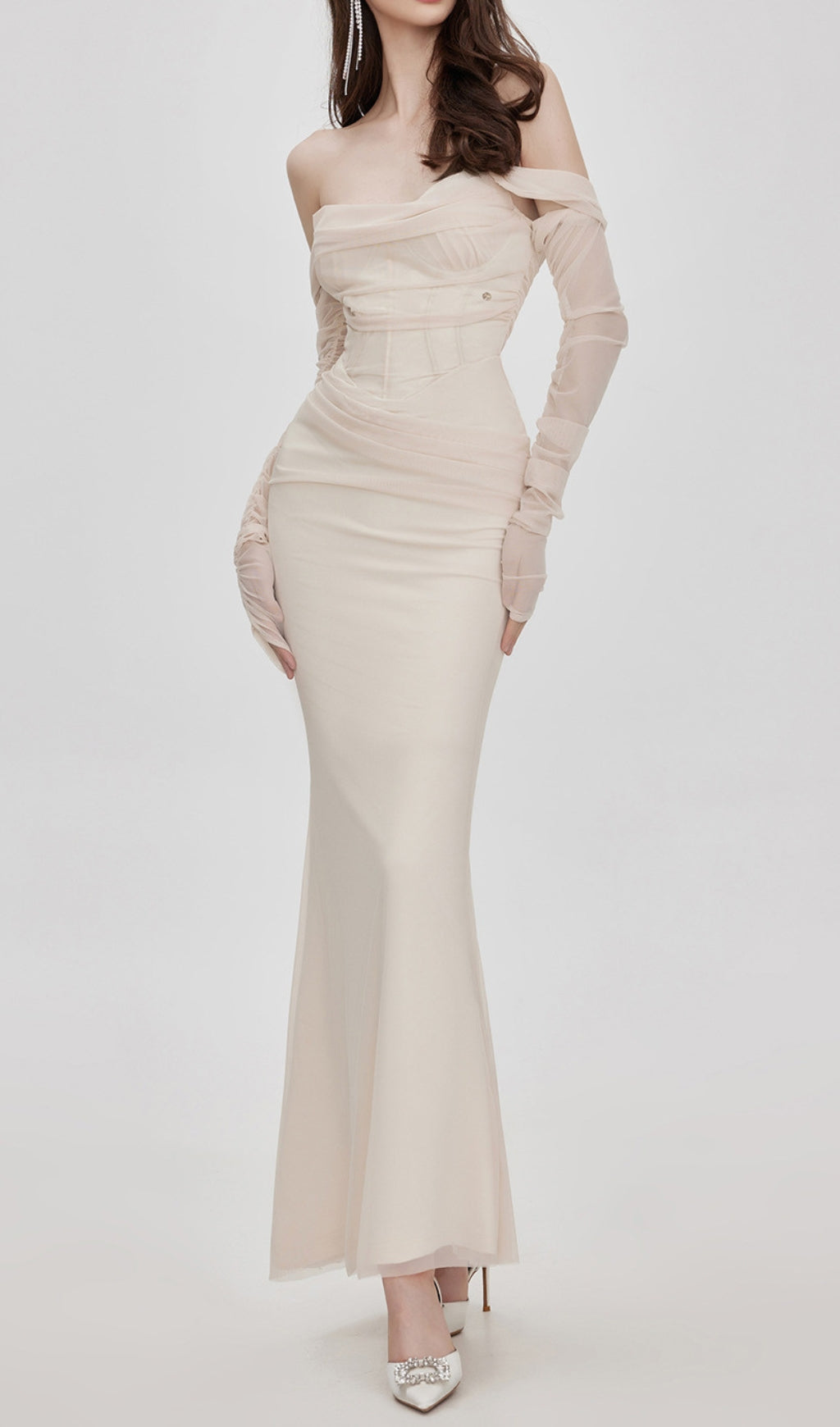 Beba Apricot Off Shoulder Mesh Maxi Dress Flowering Girl