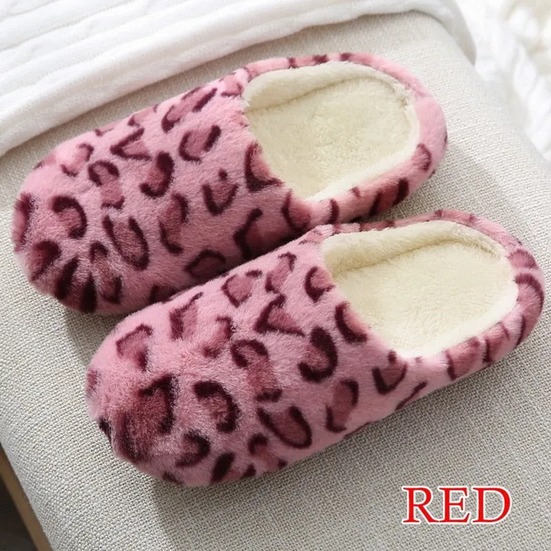 LITTHING Women Home Slippers With Faux Fur Flats Heels Shoes Winter Warm Slippers Women Leopard Print Female Flip Flop Size36-45
