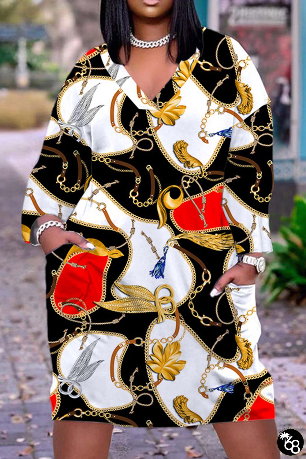 White Black Casual Print Basic V Neck Long Sleeve Dresses | 168DEAL