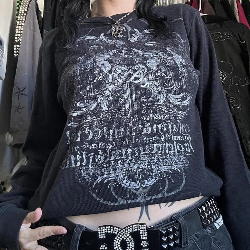 OLCooL Y2K Aesthetic Graphic Print O Neck Long Sleeve Pullover Tops Gothic T-shirt for Women Clothes Cyber Y2K Grunge Tees Streetwear olcool