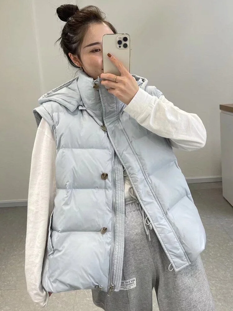 Nncharge Winter Women White Duck Down Outwear Female Detachable Sleeve Puffer Jacket Casual Loose Hooded Button Zipper Coat