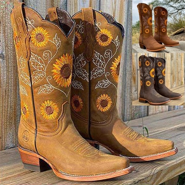 Women's Fashion Boot Sunflower Embroidery Cowboy Boots for Women Thick Heel Leather Boots Plus Size 35-43