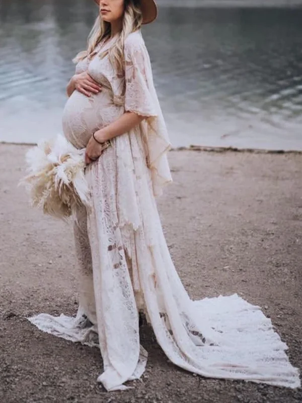 Maternity V-Neck Lace Solid Color Maxi Dress
