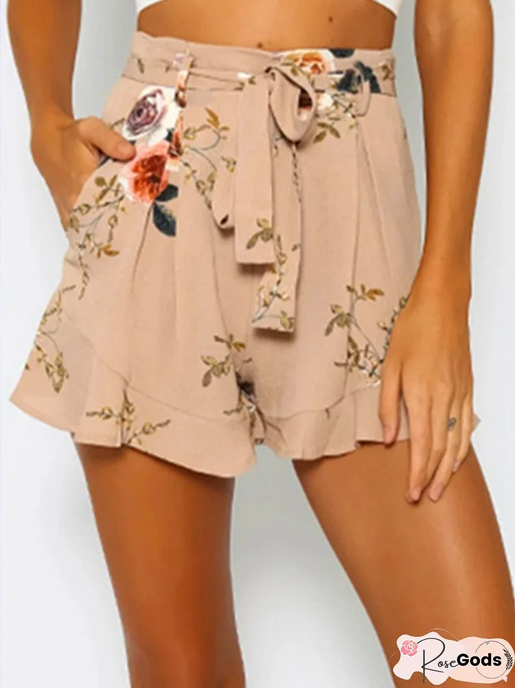 Floral Print Waistband Ruffle Pocket Casual Shorts For Women