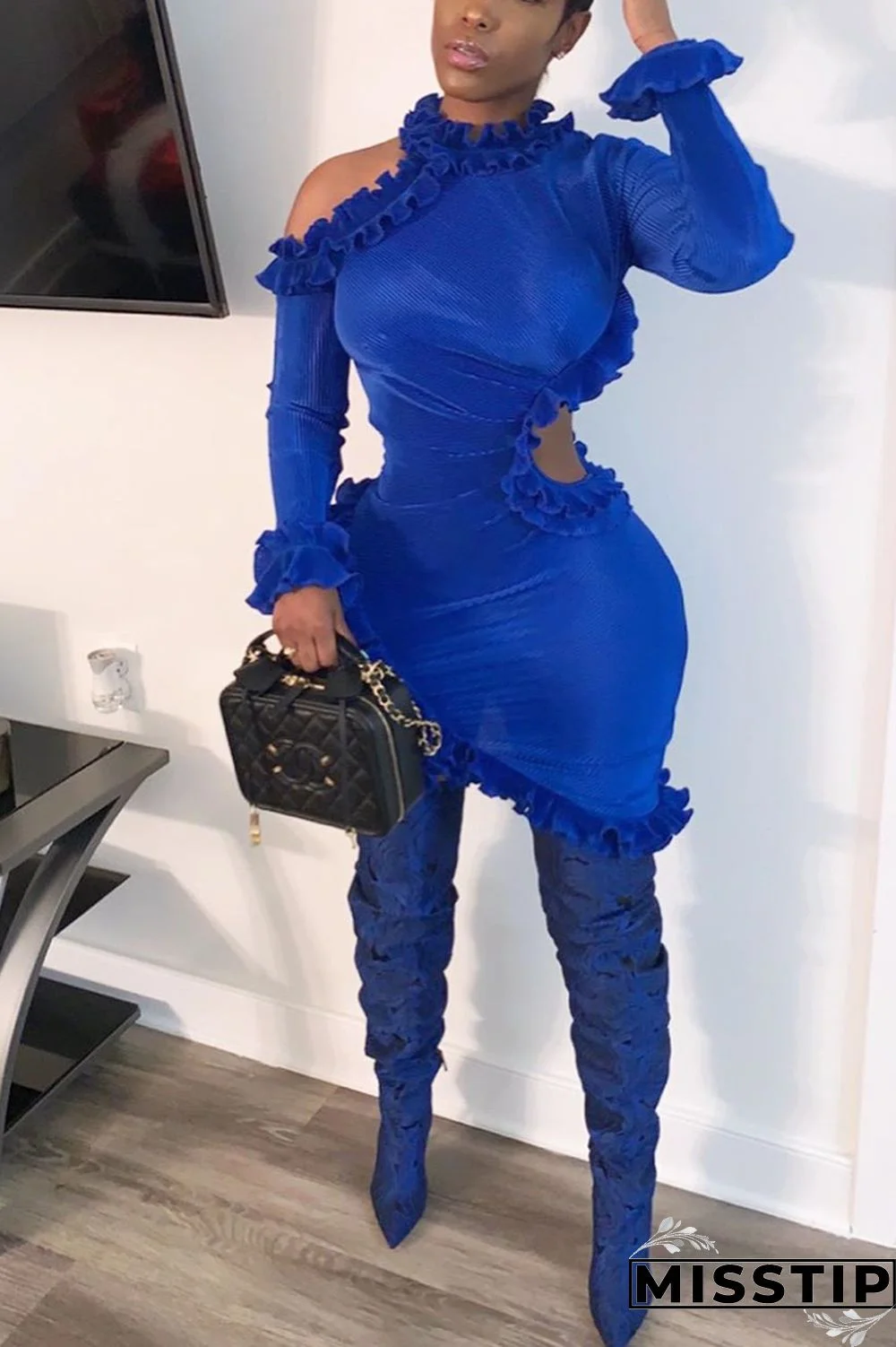 Blue Sexy Solid Color Wooden Ear Irregular Dress